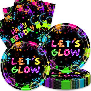 40Pcs Neon Party Decorations Not Glowing Birthday Plates and Napkins Neon Baby Shower Decorations Glow Party Supplies (Blue)