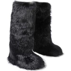 Valpeak Womens Faux Fur Boot Winter Fluffy Long Furry Boots for Girls Outdoor Fuzzy Knee-High Boots (Black)