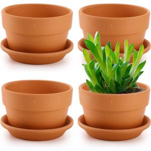 4 Pack Terracotta Pots with Saucer, 6 Inch Large Terra Cotta Plant Pot with Drainage Hole, Clay Flower Planter Pot with Tray for Indoor Outdoor Plant