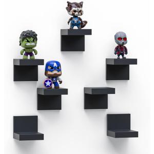 7-Pack Small Floating Shelves for Wall by RicherHouse, Plastic Black Shelf 4 Inch Display Ledges Room Decor, Mini with 2 Types of Installation (Adhesive or Screw)