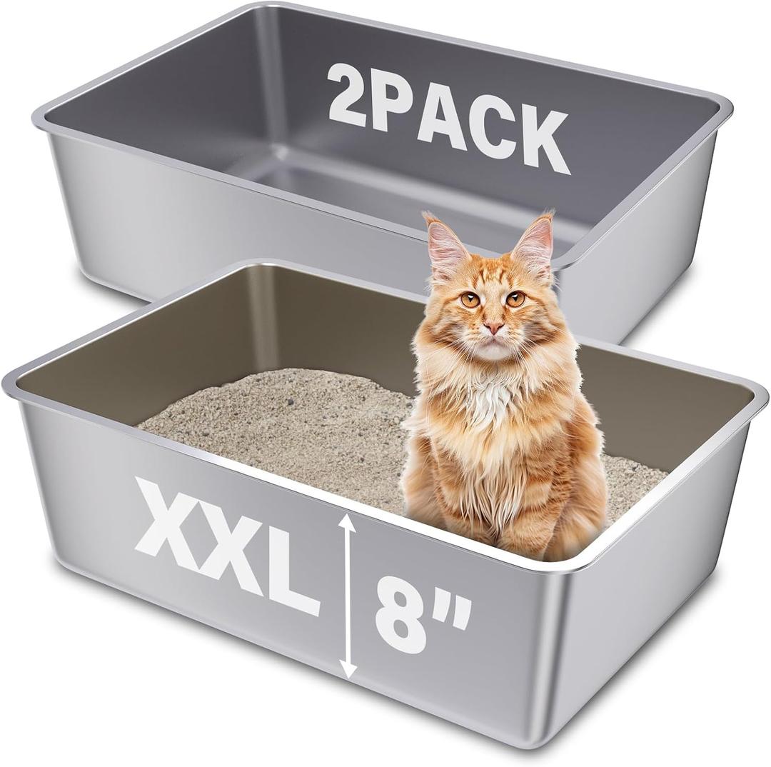 2 Pack Stainless Steel Cat Litter Box, 23.6"x15.8"x8" XXL Stainless Steel Litter Box 8 inch Deep, Extra Large Metal Litterbox for Big Cats, Non Stick Easy Clean Surface, High Sided