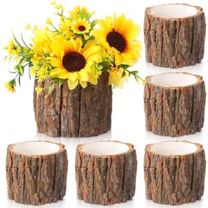 5 Pcs Wooden Vase for Centerpieces Woodland Table Decor Wooden Flower Vase Rustic Bark Stump Buckets Vintage Wood Planter Pots for Garden Party Wedding Window Home Farmhouse (Large)