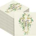 Feifeiya 60 Pcs Religious Easter Paper Napkins - 2 Ply He Is Risen Christian Disposable Napkins with Gold Cross & Eucalyptus Design for Easter Spring Baptism Church Party Table Decorations Supplies