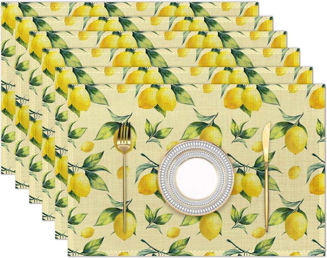 Placemats Set of 6, Lemon Yellow Linen Place Mats,Modern Washable Table Placemats 12"x18" Heat Resistant Table Mats for Dining Kitchen Party Holiday Decoration