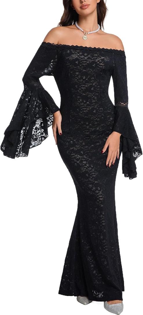 HOYISHION Women's Off The Shoulder Floral Lace Maxi Dress White Bridesmaid Wedding Party Maternity Photoshoot Long Dresses, X-Large