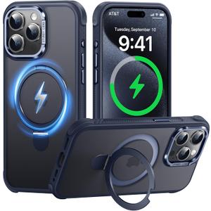 Case for iPhone 15 pro, with Invisible Magnetic Stand, Mil-Grade Drop Protection, Non-Slip, Anti Fingerprint Anti Scratch, Shockproof Matte Phone Case (Navy Blue)