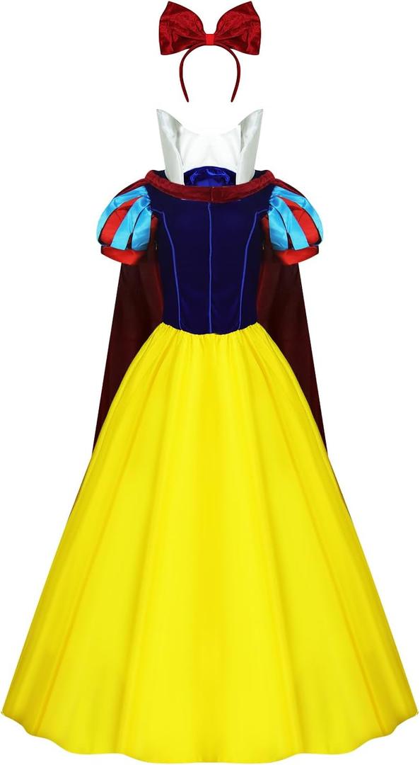 Womens Classic Snow Fairytale White Costume with Red Bow Headband Cape Halloween Princess Dress Up Outfit (Large)