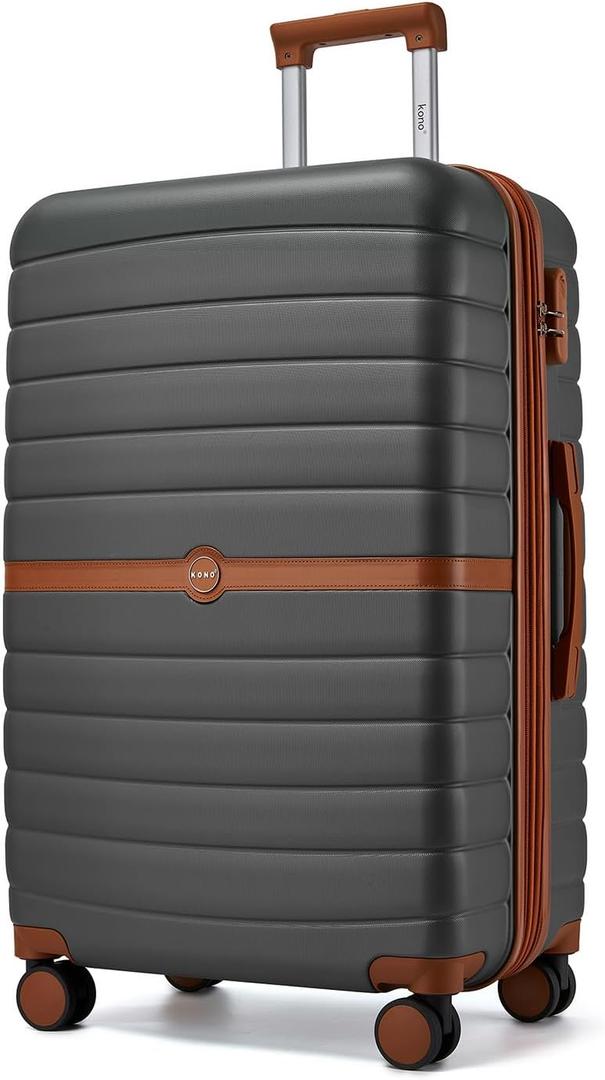 Kono Expandable 28 Inch Luggage with Spinner Wheels, Large Checked Luggage with Lock, Lightweight & Anti-Scratch PC+ABS Hardshell Travel Suitcase, Grey/Brown