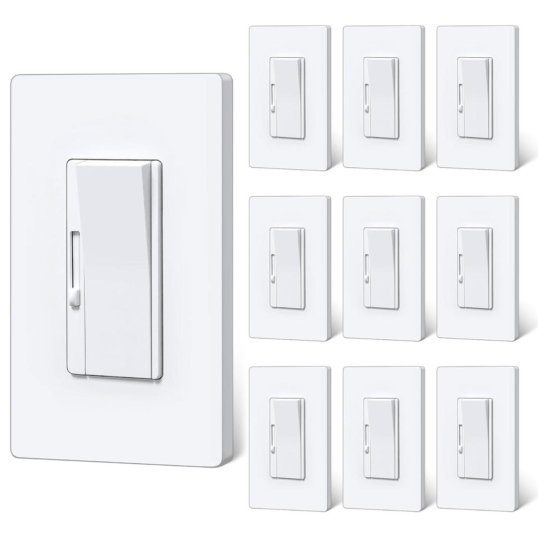 BESTTEN 10 Pack Super Slim Digital Dimmer Light Switch, Quiet Rocker, Max 300W LED, CFL, 600W Halogen, Single Pole or 3 Way Dimmable Switch, Screwless Wallplate Included, ETL Listed, White