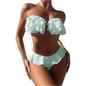 SweatyRocks Women's 2 Piece Bandeau Swimsuit Ruffle Trim Ring Bikini Set Strapless High Cut Bathing Suit (Green), Small