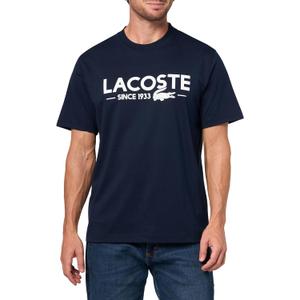 Lacoste Mens Crew Neck Short Sleeve Classic Fit Branding T-Shirt (Small, Navy Blue)