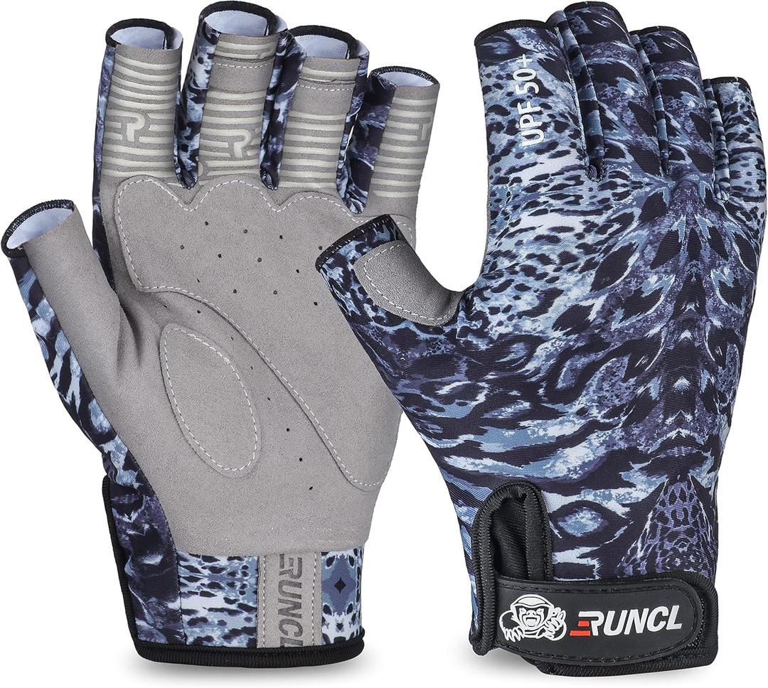 RUNCL Fingerless Gloves RAGUEL, Fishing Gloves, Sun Glove - UPF 50+ Sun Protection, Microfiber-Tech Safeguard, Half-Finger Style, Breathable Ventilation - Kayaking, Cycling, Gardening (Black Camo, XXL)