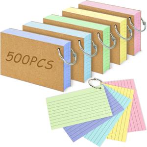 500PCS Colored Index Cards, 3x5 Inches Flash Cards with Ring, Lined on Both Side Notecards Ruled Study Card Flashcards Heavy Note Cards for Studying, Learning, School, College