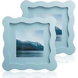 4x4 Wavy Picture Frame With Mat For 3x3, Wavy Edge Wooden Picture Frame with Real Glass - Wall Mount and Tabletop Display, Blue, 2 Pack