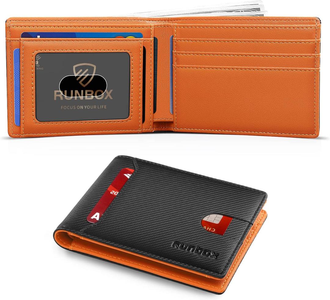 RUNBOX Novelty Wallet for Men Slim 11 Credit Card Holder Slots Leather RFID Blocking Small Thin Men's Wallet Bifold Minimalist Front Pocket Large Capacity Gift Box (fine carbon black orange)