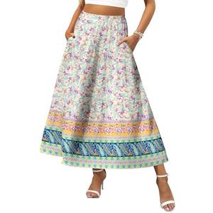 Zeagoo Women's Midi Summer 2025 Boho Elastic High Waist A-Line Flowy Swing Asymmetric Tiered Skirt Dress with Pockets, Large