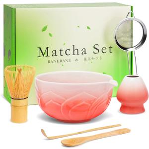 Matcha Whisk Set, Lotus Gradient Red Ceramic Matcha Set Includes Matcha Bowl, Matcha Whisk (Chasen) and Holder, Sifter, Bamboo Scoop & Spoon - 6 Pcs Matcha Kit for Matcha Lovers