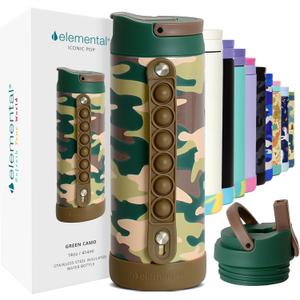 Elemental Iconic Kids Water Bottle for School - 100% Leak-Proof Insulated Water Bottles with Straw Lid & Pop-It Handle for Boys & Girls - Triple-Wall Insulated & BPA-Free, 14oz  Green Camo