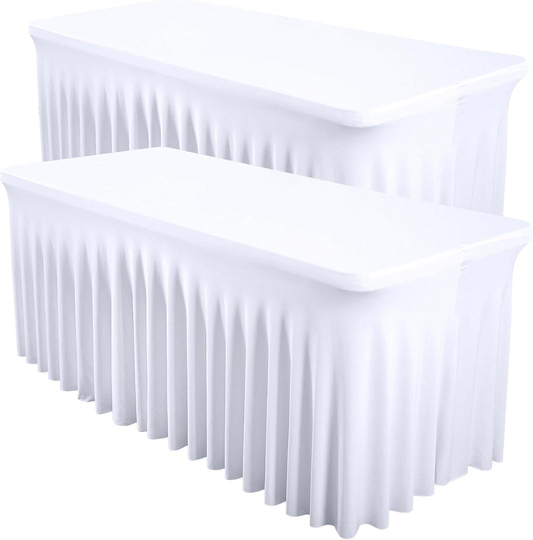 Shillance 2 Packs White Spandex Table Covers 8 Foot, Fitted Stretch Table Cloth with Skirts 96x30 Inch, Wrinkle-Free Floor Length Rectangle Tablecloths for Weddings Parties Banquets Events