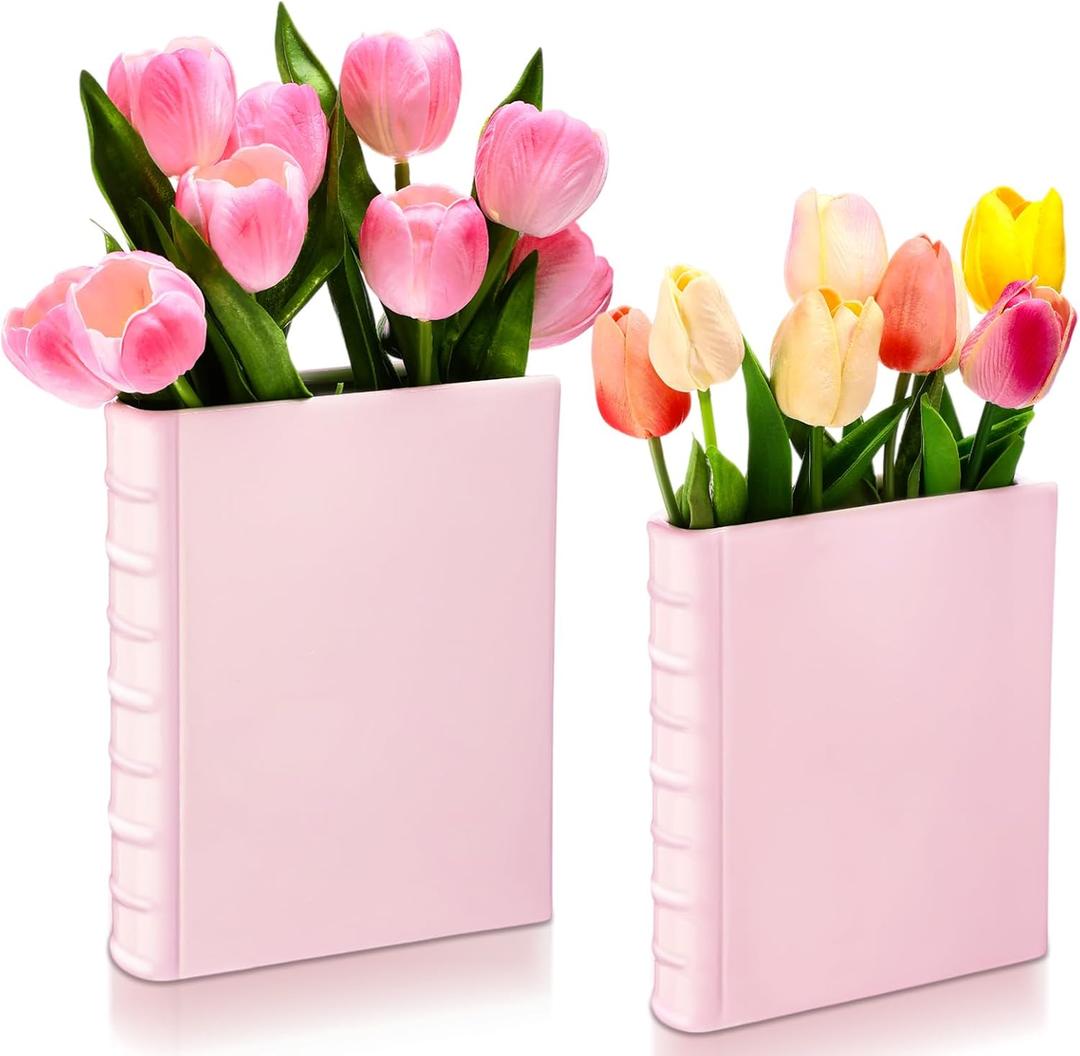 Vesici 2 Pcs Ceramic Book Shape Vase for Flowers Gifts for Christmas Cute Bookshelf Decor Vase for Book Lovers Gifts Unique Vases Home Decor for Bookshelf Dining Table Office Home(Pink)