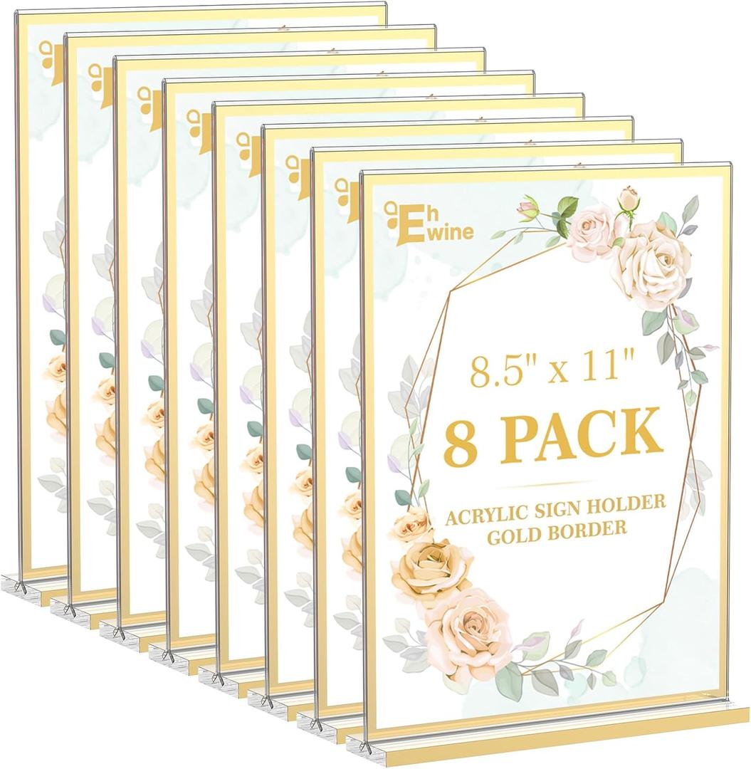 EHWINE 8 Pack Acrylic Sign Holder 8.5 x 11, Double-Sided Tabletop Gold Sign Holder, Clear Acrylic Picture Frame Menu Flyer Paper Holder Display Stand for Home Wedding Party (with Non-Slip Pads)