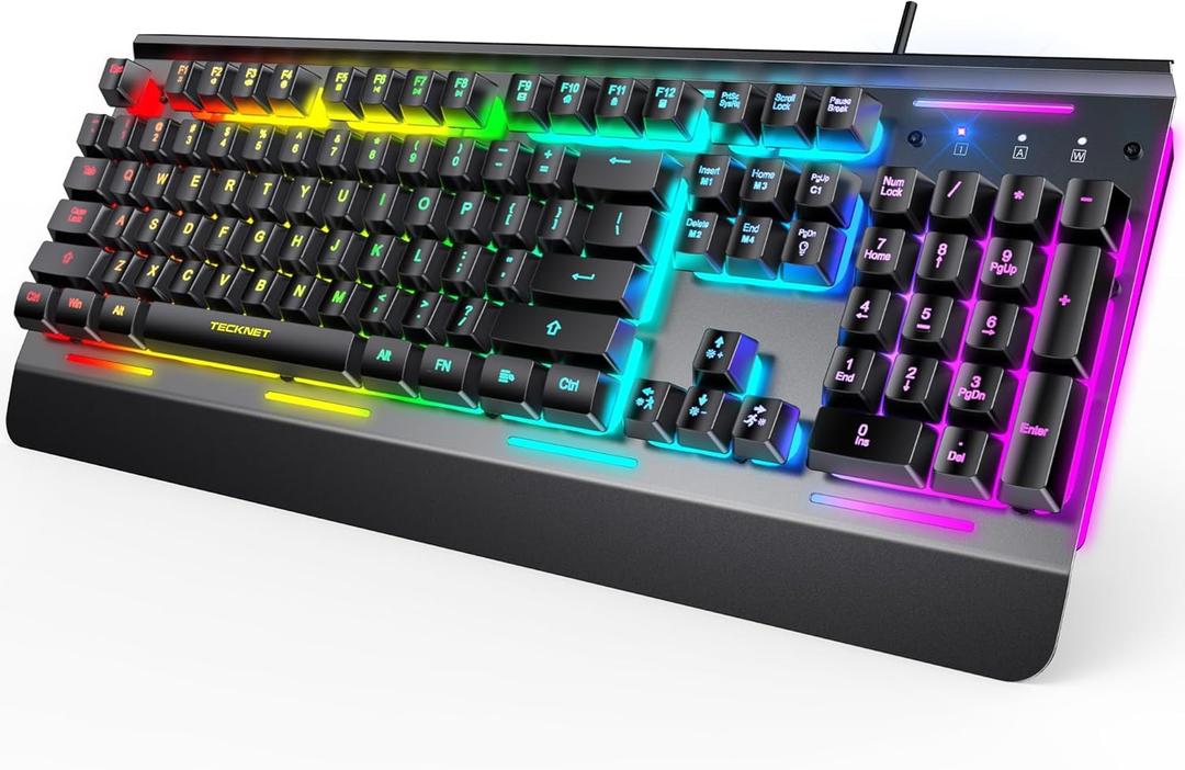 TECKNET Gaming Keyboard, 15-Zone RGB Illumination, All-Metal Panel Keyboard, IP32 Waterproof, 25 Anti-Ghosting, Quiet Typing, USB Wired Ergonomic Keyboard for Windows XP/Vista/7/8/10/11
