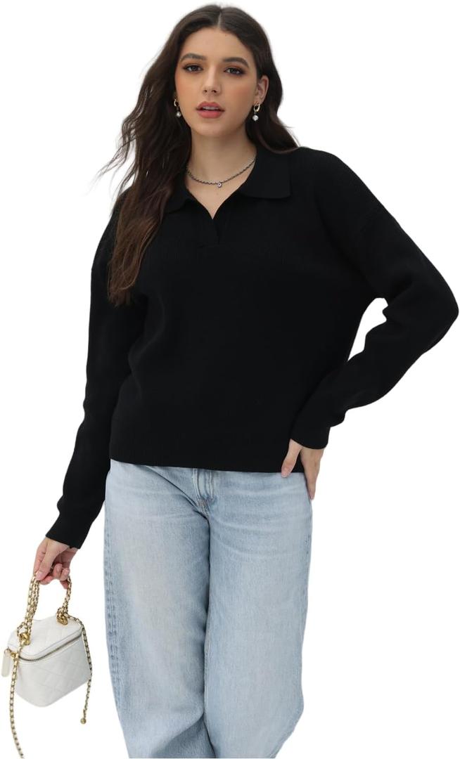 Women's Polo Sweater V Neck Long Sleeve, Pullover Knit Sweaters for Women Lapel Collar (Black, L)