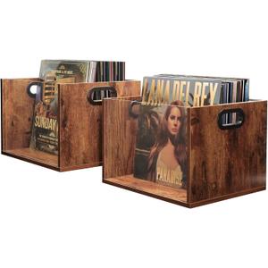 Vinyl Record Storage Crate 2 Pack, Holds up To 60 LPs, Album Visible Storage Box with Acrylic Front, Handle, Wooden Multi-Purpose Organizer for Records, Magazines and Books, Desktop and Home Office