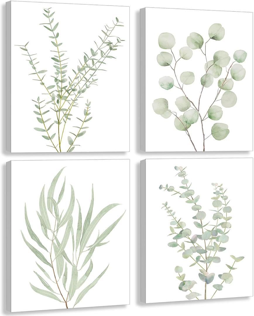 Erctoo Botanical Plant Canvas Wall Art, Framed Boho Wall Decor for Bathroom, Minimalist Aesthetic Bedroom Wall Art, Sage Green Eucalyptus Leaf Prints for Office, Set of 4PCS, 8X10 (8"x10"x0.55"/20x25x1.5cm)