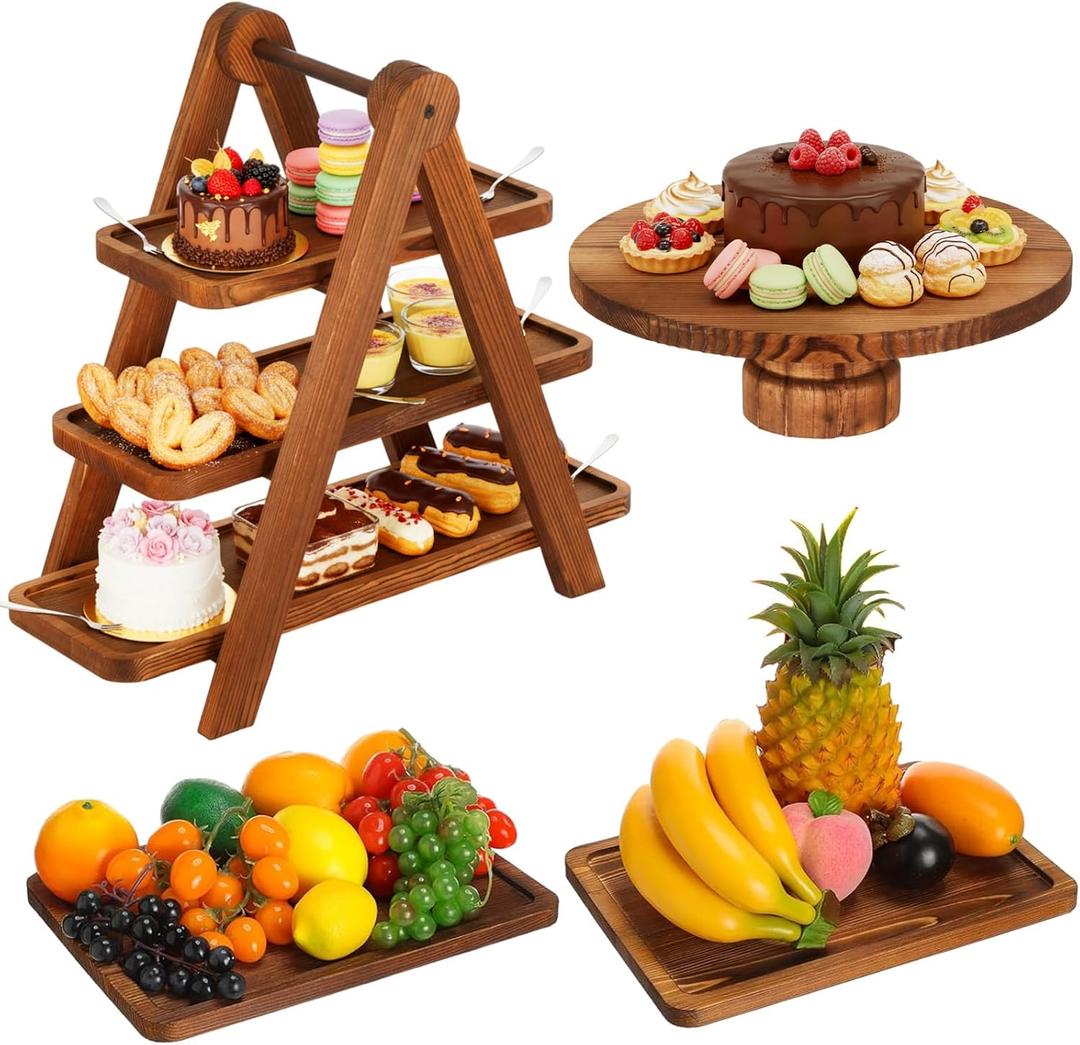 RattanView Wooden Dessert Table Display Set of 4 Wood Dessert Tower Rustic Rectangular Cake Stand 3 Tier Brown Serving Tray Farmhouse Cupcake Platter for Wedding Reception, Tea Party, Baby Shower
