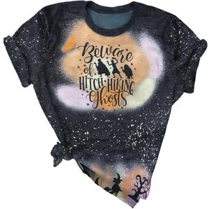 Beware of Hitch Hiking Ghost Shirt Women Funny Halloween Shirts Haunted Tshirt Ghost T-Shirt Short Sleeve Tee (X-Large, Colorful)