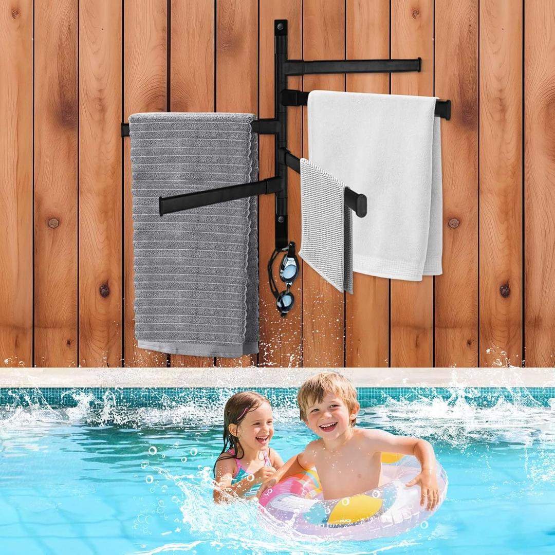 Rotating Pool Towel Rack, 5 Bars Swivel Outdoor Towel Rack with Hook Space Saving Wall Mounted Metal Towel Holder Swing Out Ideal for Pool, Hot Tub,Shower,Balcony