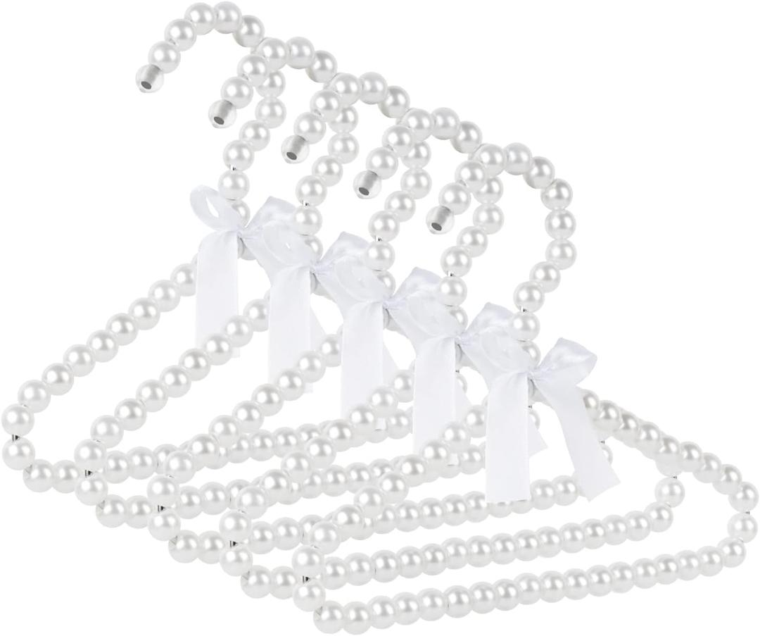 5 Pack Pearl Hanger Kids, Small Pearl Beads Bow Clothes Hangers, Elegant Standard Hangers for Children Pet Dog (White)