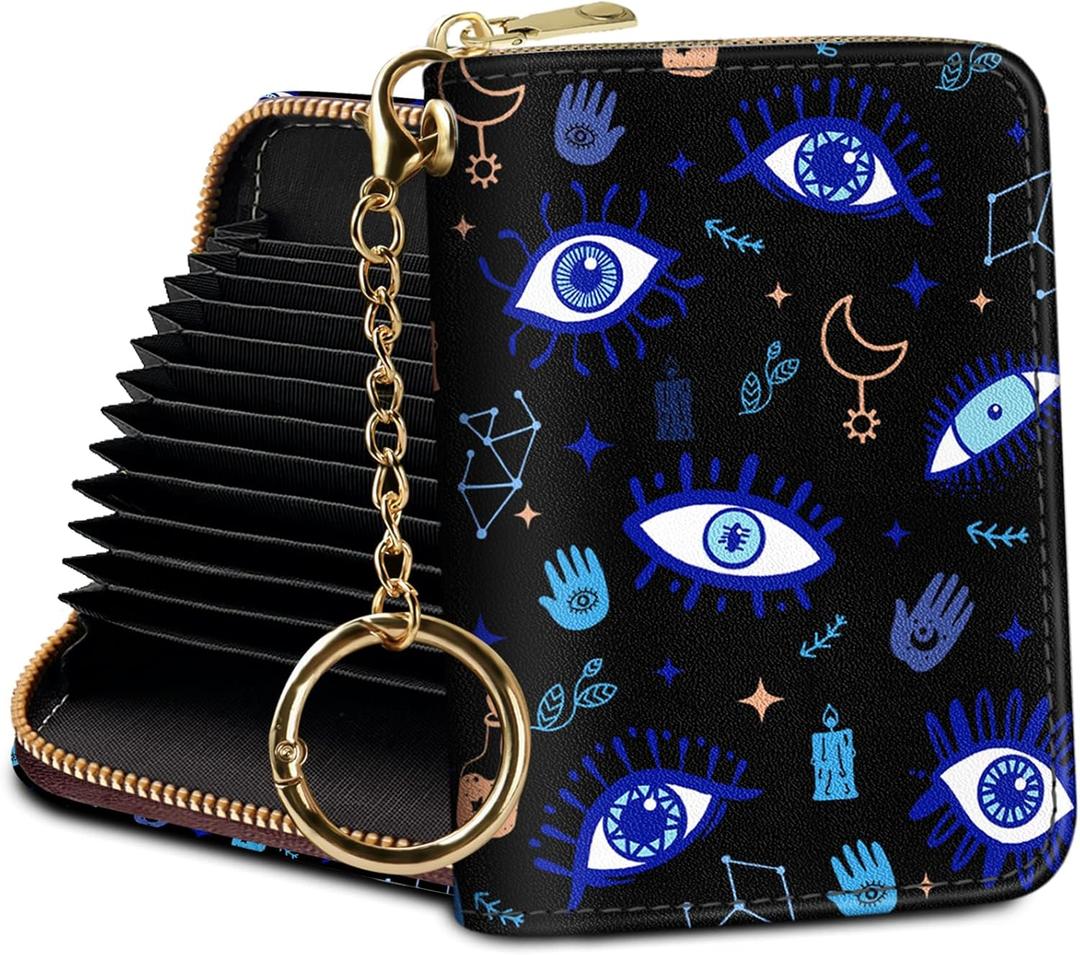 Credit Card Holder RFID Wallet, Small Card Holder Wallet for Women with Keychain Zipper, Funny Leather Print Credit Card Wallets Accordion Gift (Evil Eye)