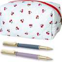 Cherry Pencil Case Soft Cotton Quilted Storage Bag Cherry Makeup Pouch Fruits Portable Pencil Case Makeup Brushes Storage Pouch Essentials Bag Travel Toiletry Bags with Zipper for Women Girls