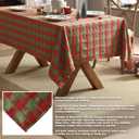 Home Bargains Plus Evergreen Tree Plaid Fabric Tablecloth, 52 x 70 Inch Rectangle, Red and Green Holiday Check with Tree Pattern, Cotton Blend Christmas Table Cover for Festive Dining