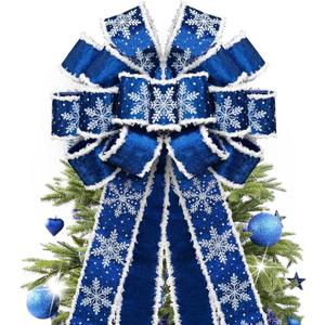 GOGOSY Christmas Tree Topper Bow,48''x 13'' Large Velvet Christmas Wreath Bows Xmas Ornaments with Long Wired Edge Ribbon for Farmhouse Thanksgiving,Birthday,Living Room Christmas Decoration(Blue)