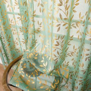 Sutuo Home Green Sheer Curtains 96 Inches Long 2 Panels Set, Gold Foil Print Metallic Bronzing Leaves, Privacy Voile Window Treatment Decor Drape Pair for Bedroom Nursery Room 52" W x 96" L (52"W x 96"L (Pack of 2), Gold and Green)