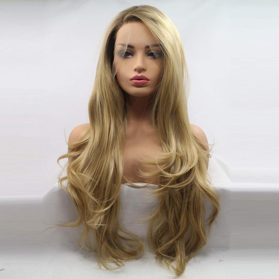 xiweiya Long Blonde wavy wig Mix Color Blond hair Side part Synthetic Lace Front Wigs For Women with heat resistant fiber hair replacement wig half hand tied for women and drag queen 24 Inch