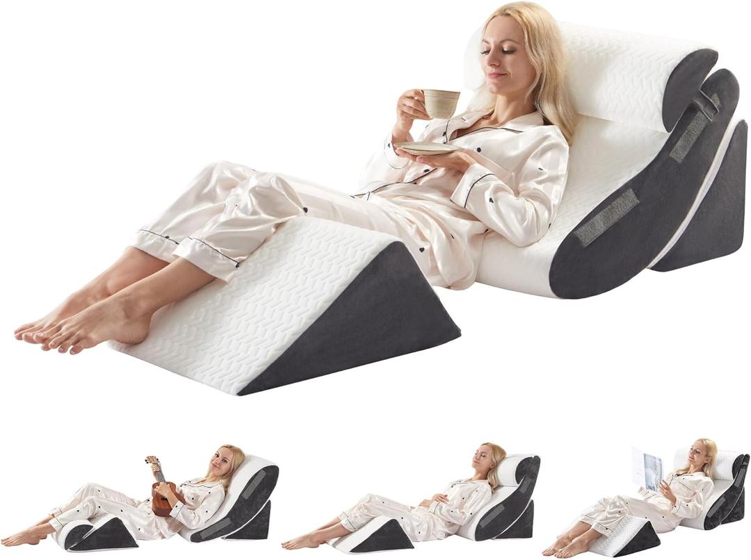4PCS Orthopedic Bed Wedge Pillow Set for Sleeping, Post Surgery Foam Support Pillows for Back, Neck and Leg Pain Relief, Adjustable Triangle Pillow  Acid Reflux, GERD & Snoring Recovery, White Grey