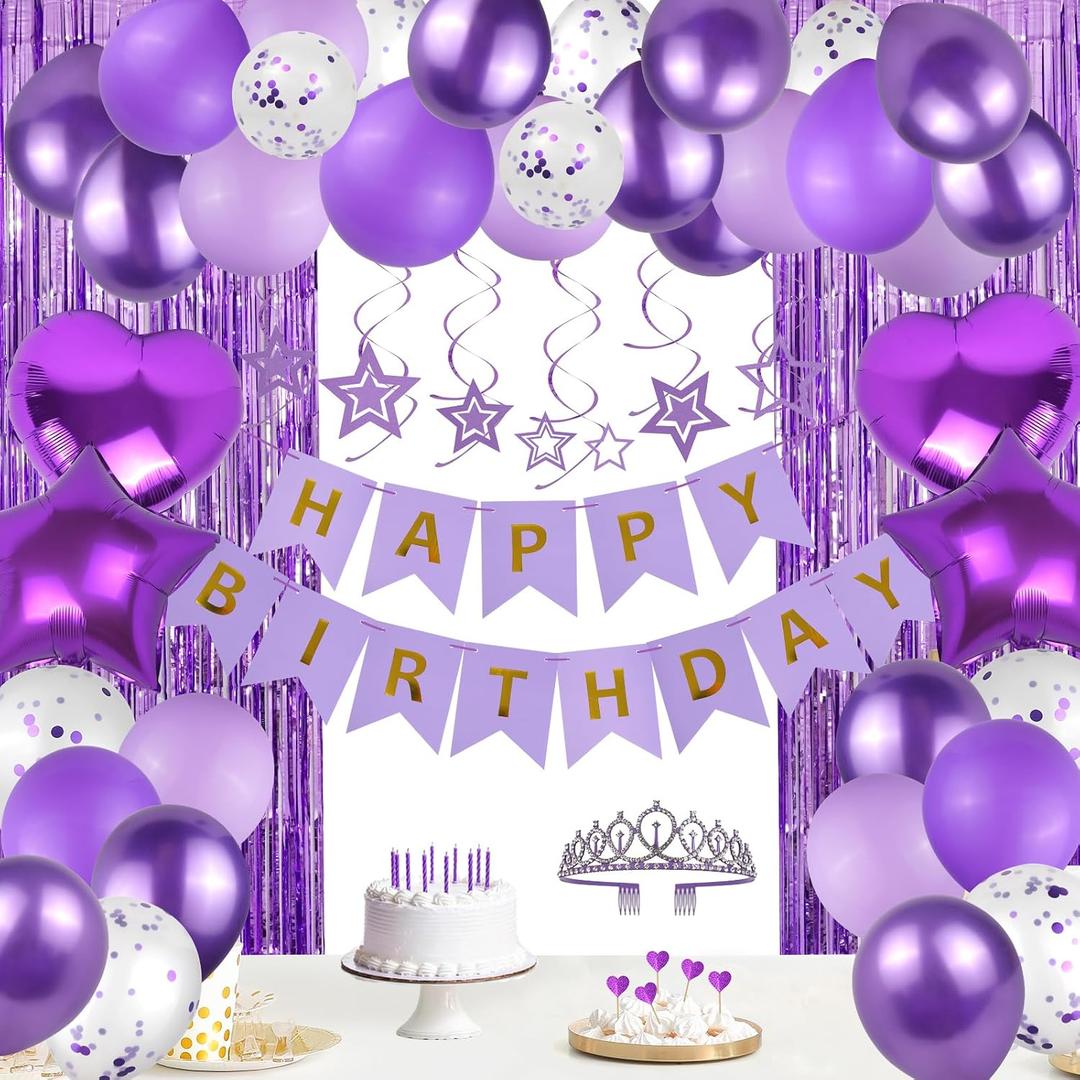 Purple Happy Birthday Decorations Kit, Purple Confetti Balloons Birthday Party Supplies for Women Girls Boys, Happy Birthday Banner, Hanging Star Cutouts, Fringe Curtains, Cupcake Toppers, Crown