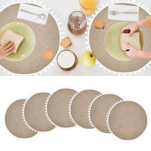 6 Pcs Round Jute Placemats with Fluffy Balls, Natural Burlap Place mats 15 inch Woven Placemats Farmhouse Rustic Boho Braided Heat Resistant Outdoor Placemat Patio Table Wedding Place Mats