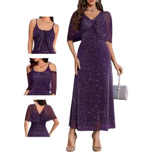 BeryLove Sequin Formal Cocktail Long Dress Evening Wedding Guest Mother of The Bride Dresses with Shawl (Medium, Purple)