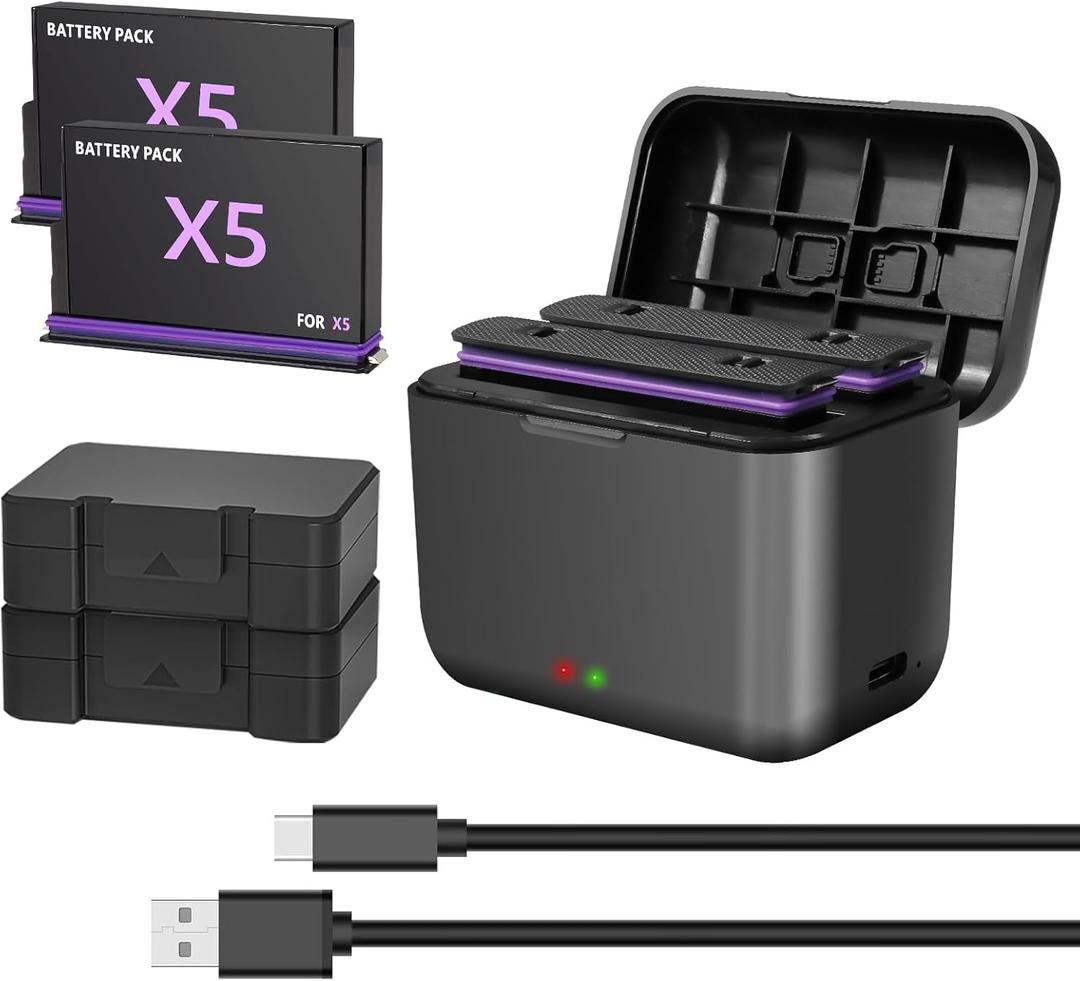 360 X5 Battery (2-Pack) with 2-Channel Fast Charger Hub - 2800mAh Rechargeable Li-ion Batteries & Micro SD Card Slots - Compatible with 360 X5 360 Camera