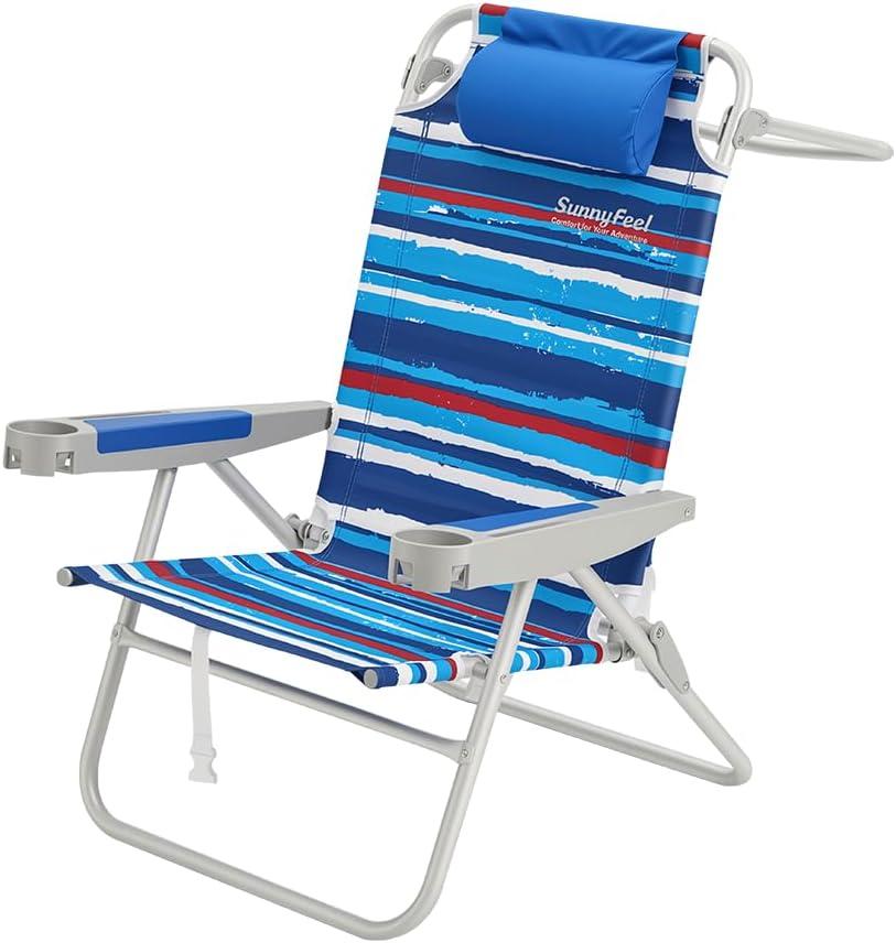 SUNNYFEEL Backpack Beach Chairs for Adults, Mid-Height 5-Position Reclining | 180 Lay Flat Oversized Folding Portable Beach Chair with Cup Holder Towel Bar Heavy Duty for Beach/Lawn/Outdoor/Camping