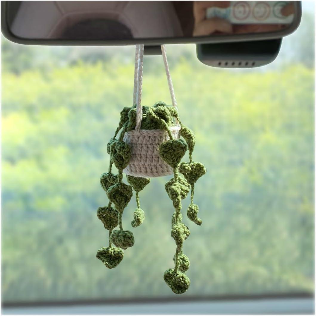 zipelo Car Rear View Mirror Accessories, Crochet Cute Potted Plants Hanging Handmade Knitted Decor for Women Men, Woven Cute Charms Ornament Pendant, Car Accessories Interior Aesthetic (Green/White)