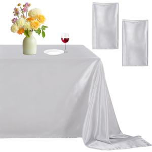 B-COOL Silver Satin Tablecloth Birthday 2 Pack Party Rectangle Table Overlays for Holiday Wedding Baby Shower Ceremony 90x132inch