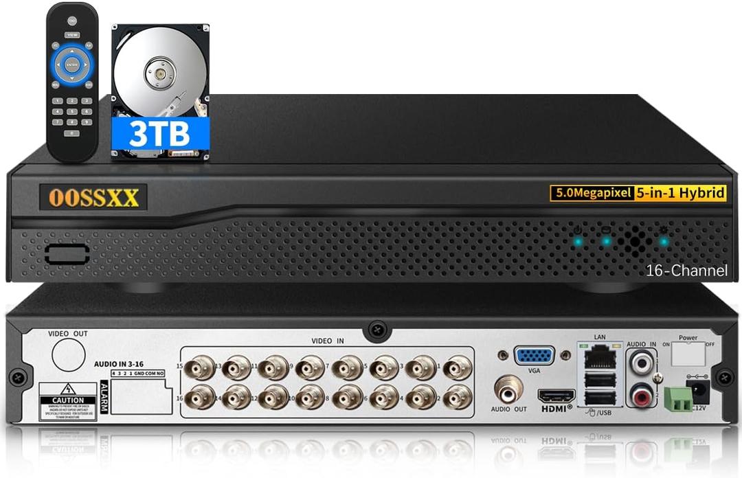 16-Channel DVR Hybrid Capability 5.0MP HD 5-in-1 Digital Video Recorder Security DVR Recorder AHD/Analog/TVI/CVBS/IP Security Camera System Video Surveillance,Max to 6TB (3TB HDD Included)