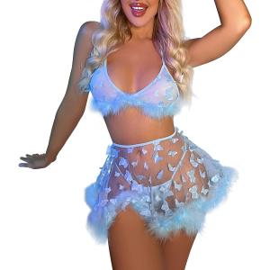 Women's Shiny Rave Outfits Holographic Halter Bra Top Mini Skirt 2Pcs Glitter Sequin Music Festival Party Clubwear (Large)