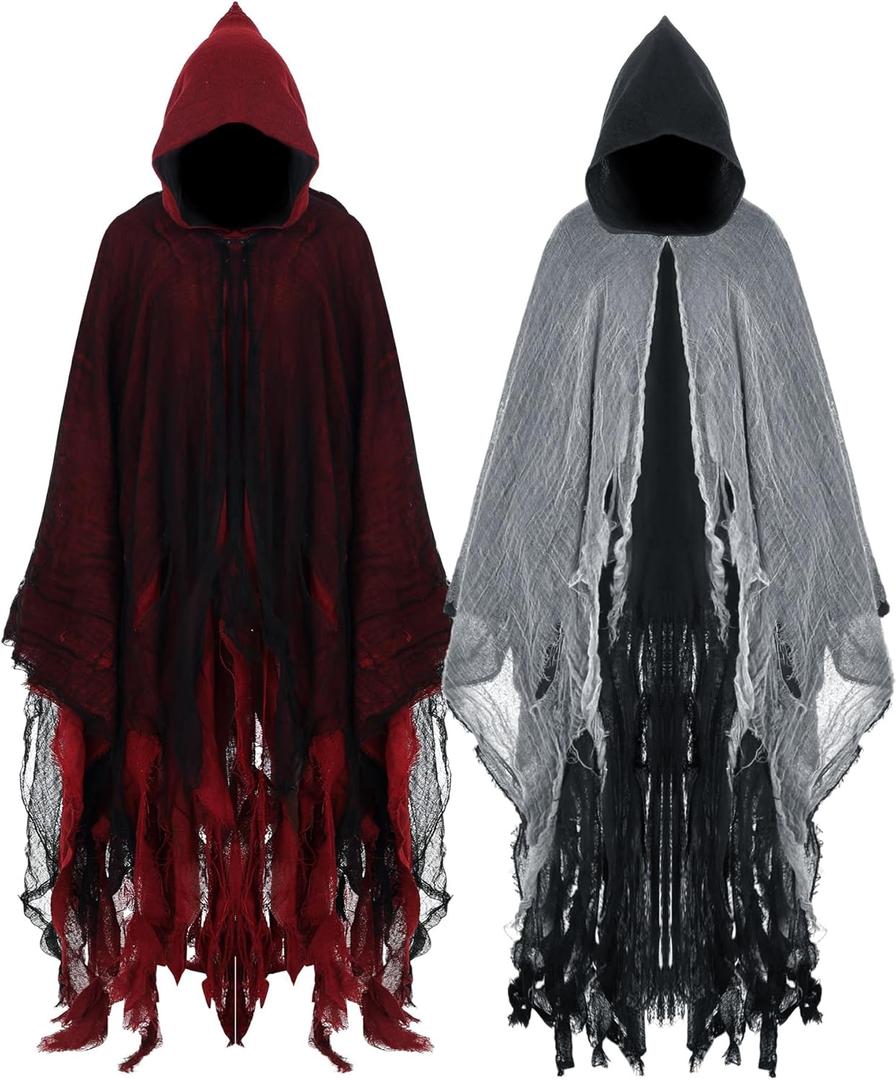 Geyoga 2 Pcs Halloween Horror Grim Reaper Costume Scary Cloak Medieval Renaissance Gothic Wizard Robe Men Women Hooded Cape (Large, Black, Red)